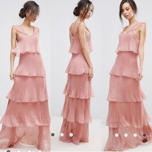 Occasion tiered pleated cold shoulder maxi dress